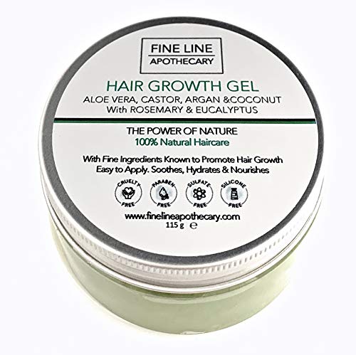 GEL DE ALOE VERA Para el CRECIMIENTO DEL CABELLO - con ACEITE DE RICINO, ARGÁN, COCO y ROSMARINO & EUCALIPTO - 100 ml - de Fine Line Apothecary. Fácil de aplicar, no gotea y no es grasoso.