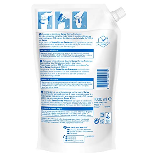 Gel de ducha o baño cremoso Sanex Dermo Protector, piel normal, restaura el pH natural Recambio 1000ml Envase Ahorro