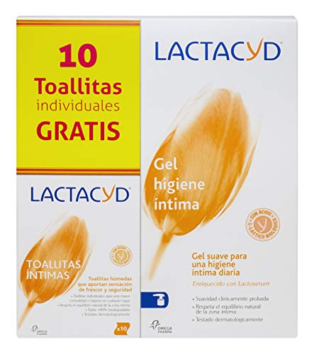 Gel de higiene íntima diario Lactacyd Íntimo 400 ml, pH equilibrado, sin jabón + Toallitas Individuales gratis.