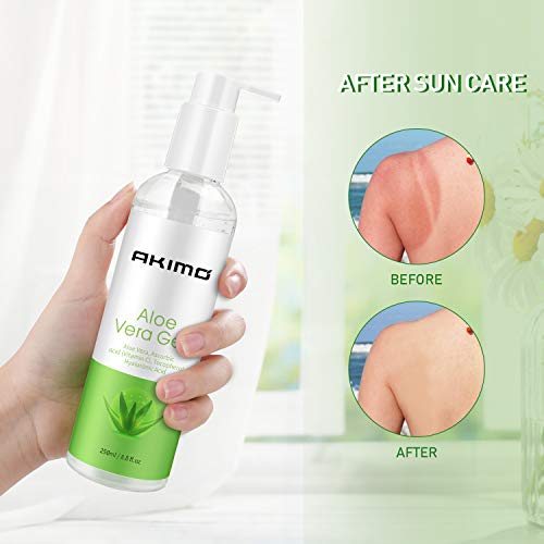 Gel orgánico de aloe vera con ácido hialurónico, AKIMO Puro Gel calmante de aloe vera 100% natural para la cara, cuerpo, cabello, Cuidado de las quemaduras solares. 250ml / 8.8 fl oz