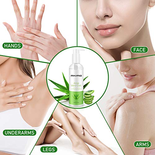 Gel orgánico de aloe vera con ácido hialurónico, AKIMO Puro Gel calmante de aloe vera 100% natural para la cara, cuerpo, cabello, Cuidado de las quemaduras solares. 250ml / 8.8 fl oz