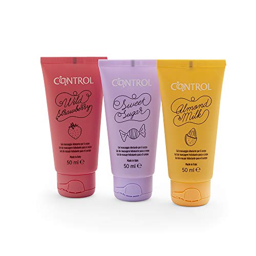 Geles de Masaje hidratante CONTROL kit 3 para el cuerpo de tamaño mini. Set de 3x50 ml con práctico estuche en 3 irresistibles fragancias: fresas silvestres, leche de almendras y azúcar glasé