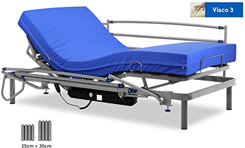 Gerialife® Cama articulada eléctrica con colchón Sanitario viscoelástico y barandillas | Patas más Altas (90x190, Plateado)