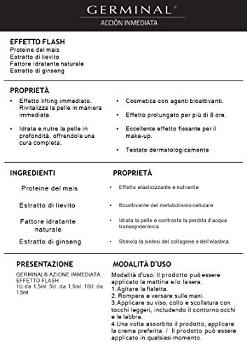 Germinal Acción Inmediata - Serum Facial Efecto Flash, Efecto Lifting Inmediato, con Proteinas de Maíz y Extractos de Gingseng- 5 Ampollas x 1,5ml
