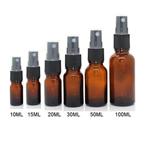 Geshiglobal - Botella de cristal, color ámbar, vacía, con pulverizador, para aceites esenciales (10/15/20/30/50/100 ml)