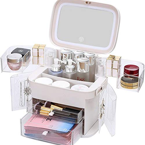 GGDH - Caja de almacenamiento de joyas para mujer, con espejo y luz LED, 6 cajones, grande (rosa)