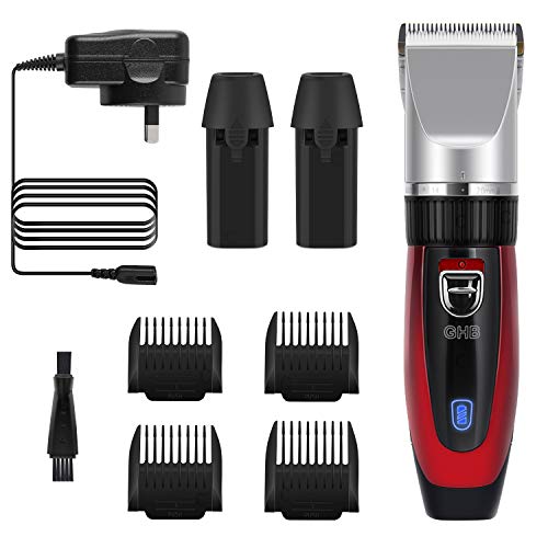 GHB Cortapelos Electrónico Maquinilla Cortar Pelo Ajustable con 4 Peines 2 baterías Color Rojo Adecuado para Barba y Bigote