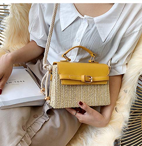 GHKLGTY Tejido a Mano Paja de Las Mujeres Bolsas de Mano Asa Superior Satchel Bolsos Bolso Ocasional de la Playa del Verano Forman el Bolso de Hombro Hecho a Mano,Amarillo
