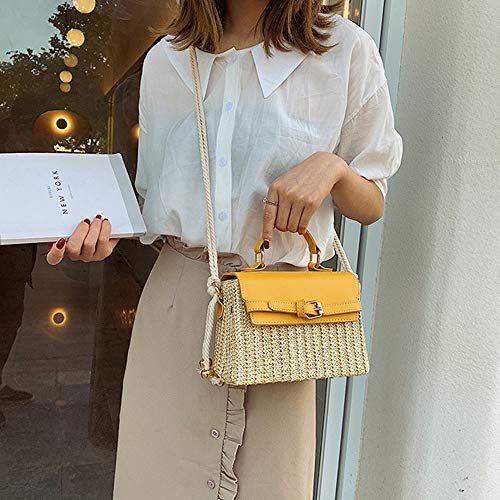 GHKLGTY Tejido a Mano Paja de Las Mujeres Bolsas de Mano Asa Superior Satchel Bolsos Bolso Ocasional de la Playa del Verano Forman el Bolso de Hombro Hecho a Mano,Amarillo