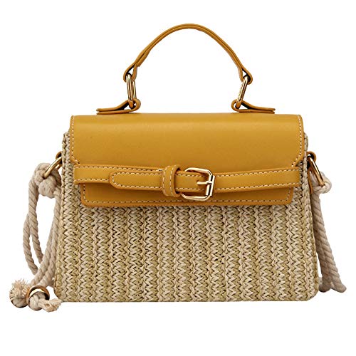 GHKLGTY Tejido a Mano Paja de Las Mujeres Bolsas de Mano Asa Superior Satchel Bolsos Bolso Ocasional de la Playa del Verano Forman el Bolso de Hombro Hecho a Mano,Amarillo
