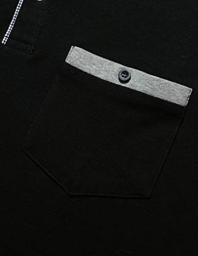 GHYUGR Polo Hombre Manga Larga Casual Contraste Escote con Bolsillo Clásico Camisas Tops,Negro,XL