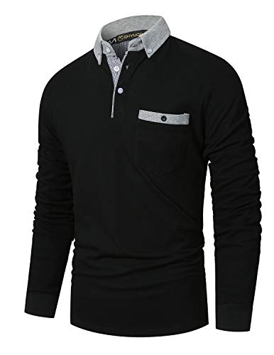 GHYUGR Polo Hombre Manga Larga Casual Contraste Escote con Bolsillo Clásico Camisas Tops,Negro,XL
