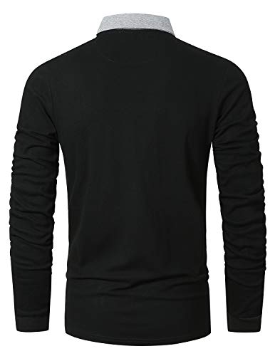 GHYUGR Polo Hombre Manga Larga Casual Contraste Escote con Bolsillo Clásico Camisas Tops,Negro,XL