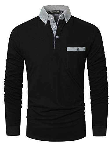 GHYUGR Polo Hombre Manga Larga Casual Contraste Escote con Bolsillo Clásico Camisas Tops,Negro,XL