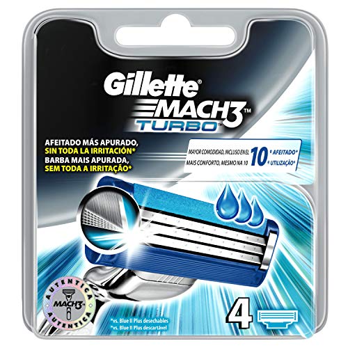Gillette Mach3 Turbo Recambio de Maquinilla de Afeitar para Hombre - 4 Recambios