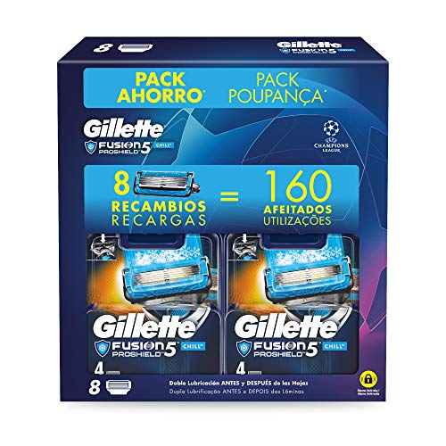 Gillette Proshield Chill Cuchillas de Afeitar, Pack Ahorro Champions League, Paquete de 8 Cuchillas de Recambio