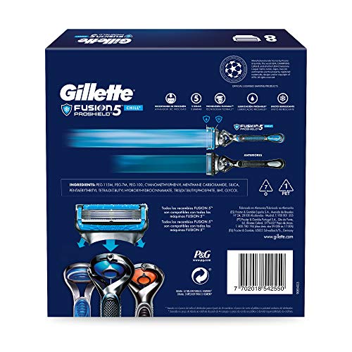 Gillette Proshield Chill Cuchillas de Afeitar, Pack Ahorro Champions League, Paquete de 8 Cuchillas de Recambio