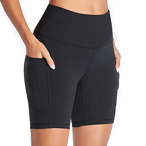 Gimdumasa Pantalones Cortos Deporte Mujer Cintura Alta Shorts Leggins Pantalones Cortos de Yoga para Correr Gym Fitness Mallas Deportivos con Bolsillos Laterales GI371 (Negro, M)