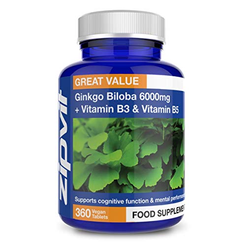 Ginkgo Biloba 6000mg Extracto estandarizado de hojas, 360 Tabletas Veganas con Vitamina B3 y B5. Aprobado por la Sociedad Vegetariana. Fabricado en el Reino Unido. Suministro por 12 meses.