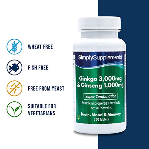 Ginkgo Biloba y Ginseng Coreano- ¡Bote para 6 meses! - Apto para veganos - 360 comprimidos - SimplySupplements