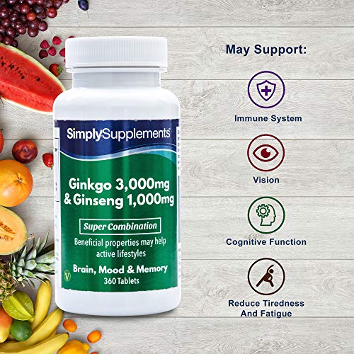 Ginkgo Biloba y Ginseng Coreano- ¡Bote para 6 meses! - Apto para veganos - 360 comprimidos - SimplySupplements
