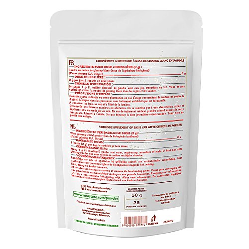 GINSENG BLANCO ECOLÓGICO EN POLVO * 25 raciones / 50g * Adaptógeno, energía, vitalidad, anti-cansancio, libido, sistema circulatorio * Garantía de satisfacción o reembolso * Fabricado en Francia