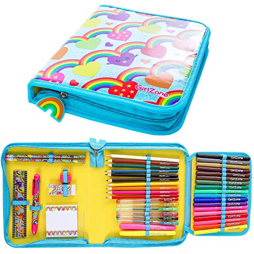 GirlZone Regalos para Niñas -Estuche Escolar Completo Niña, 43 Piezas De Útiles Escolares, Cumpleaños De Arco Iris y Unicornios, Estuche Escolar Niña 4 a 12 años
