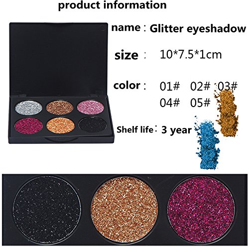 Glitter Polvo Paleta de Maquillaje Profesional, Ruwhere 6 Colores Purpurina Gel Arte de Uñas Decoración cara cuerpo labios sombra de ojos maquillaje con purpurina Maquillaje de Ojos Sombra