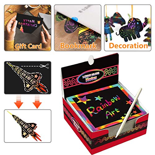 Global Tronics Scratch Art 200 Hojas Manualidades Rascar Paper Rainbow Mini Bloc de Notas Mágico con Lápices Plantillas Dibujos