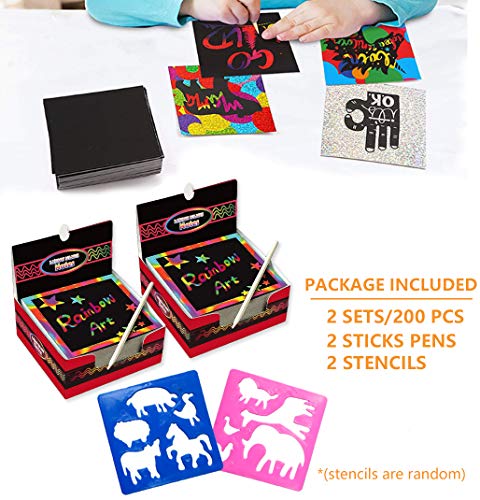Global Tronics Scratch Art 200 Hojas Manualidades Rascar Paper Rainbow Mini Bloc de Notas Mágico con Lápices Plantillas Dibujos