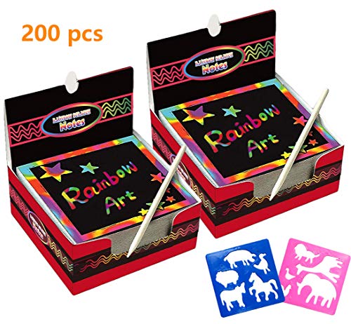 Global Tronics Scratch Art 200 Hojas Manualidades Rascar Paper Rainbow Mini Bloc de Notas Mágico con Lápices Plantillas Dibujos