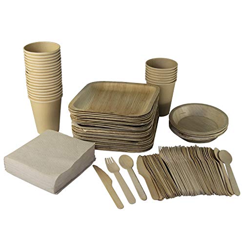 GoBeTree Vajilla desechable Hoja de Palma de 180 Piezas para 25 Personas. Platos biodegradables de Hoja de Palma Incluye 30 Platos, 25 Tenedores, 25 Cuchillos, 25 cucharas, 25 Vasos y 50 servilletas.