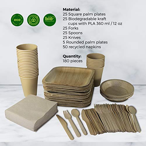 GoBeTree Vajilla desechable Hoja de Palma de 180 Piezas para 25 Personas. Platos biodegradables de Hoja de Palma Incluye 30 Platos, 25 Tenedores, 25 Cuchillos, 25 cucharas, 25 Vasos y 50 servilletas.