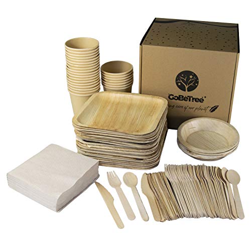 GoBeTree Vajilla desechable Hoja de Palma de 180 Piezas para 25 Personas. Platos biodegradables de Hoja de Palma Incluye 30 Platos, 25 Tenedores, 25 Cuchillos, 25 cucharas, 25 Vasos y 50 servilletas.