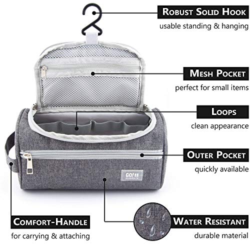 GO!elements® Bolsa de Aseo | Mochila para Colgar Hombres y Mujeres | Bolso cosmético Hombre Mujer para Maletas y Equipaje de Mano | Bolsa de Viaje Bolsa de Lavado, Color:Gris