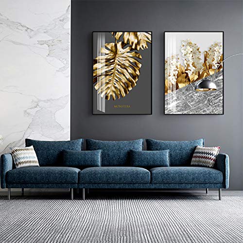 Golden Abstract Leaf Flower Mural Canvas Painting White and White Feather Poster Living Room Decoration Painting 40X60cm