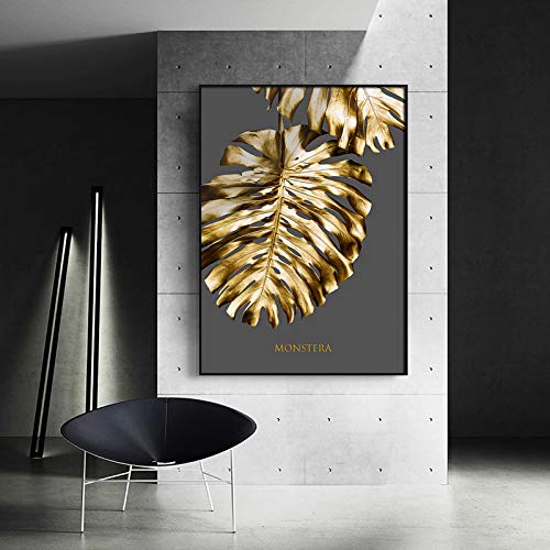 Golden Abstract Leaf Flower Mural Canvas Painting White and White Feather Poster Living Room Decoration Painting 40X60cm