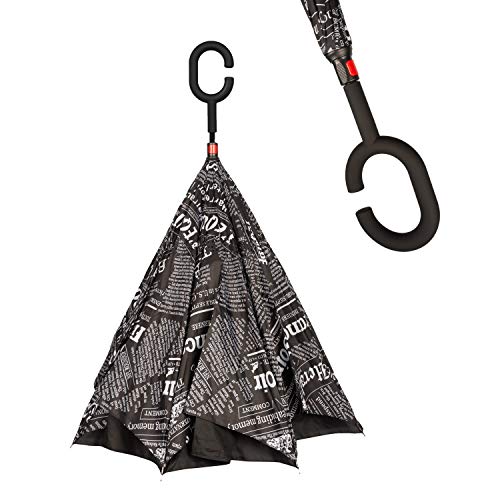 Golden Lemur Paraguas Invertido. Paraguas Originales Mujer y Hombre de Colores. Grande, para Coche Antiviento. Doble Capa, Reversible, Abre al Revés, Asa Manos Libres Funda Garantia Calidad, Letras