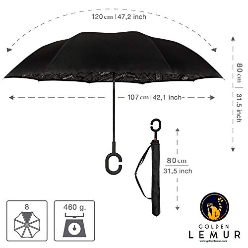 Golden Lemur Paraguas Invertido. Paraguas Originales Mujer y Hombre de Colores. Grande, para Coche Antiviento. Doble Capa, Reversible, Abre al Revés, Asa Manos Libres Funda Garantia Calidad, Letras