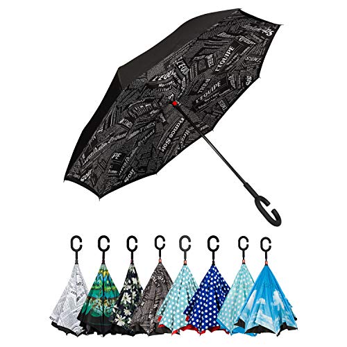 Golden Lemur Paraguas Invertido. Paraguas Originales Mujer y Hombre de Colores. Grande, para Coche Antiviento. Doble Capa, Reversible, Abre al Revés, Asa Manos Libres Funda Garantia Calidad, Letras