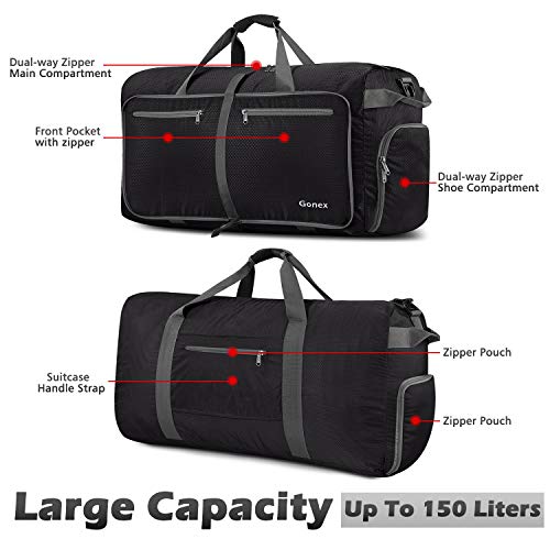 Gonex Bolsa de Viaje 150L, Plegable Ligero Bolso Equipaje Maleta Grande Bolsas Deportes Gimnasio Maletas de Mano Impermeable Duffel Travel Bag para Hombres y Mujeres Fin de Semana (Negro)