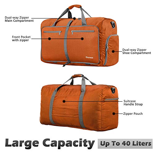 Gonex Bolsa de Viaje 40L, Plegable Ligero Bolso Equipaje Maleta Grande Bolsas Deportes Gimnasio Maletas de Mano Impermeable Duffel Travel Bag para Hombres y Mujeres Fin de Semana (Naranja)