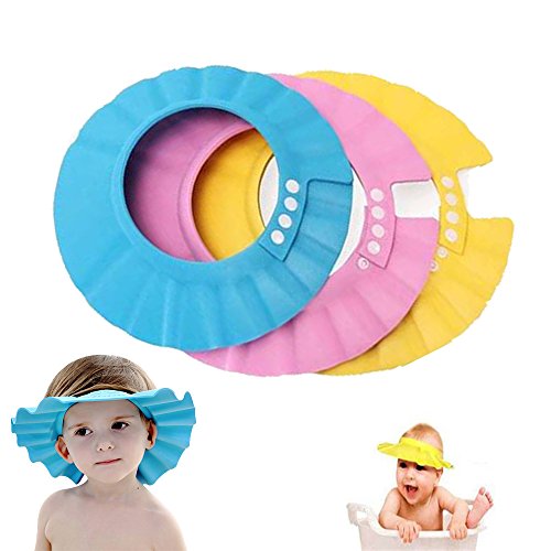 Gorra de ducha para bebé, Shineus ajustable e impermeable, gorra de baño con visera para ducha, protección de baño, gorro suave para niños, juego de 3 (rosa, azul, amarillo)