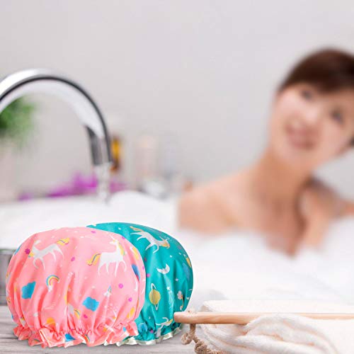 Gorro de ducha con diseño de unicornio, reutilizable, impermeable, doble capa, protección del cabello, de plástico EVA, con banda elástica para el medio ambiente