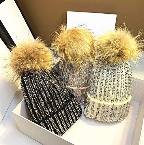 Gorro de Punto de Bola de Felpa cálido de Invierno extraíble para Mujer Gorro Skullies de Hueso de Diamantes de imitación a Rayas Hecho a Mano con Bola de Piel de 15 cm -Beige with Natural