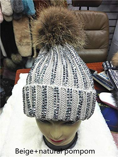 Gorro de Punto de Bola de Felpa cálido de Invierno extraíble para Mujer Gorro Skullies de Hueso de Diamantes de imitación a Rayas Hecho a Mano con Bola de Piel de 15 cm -Beige with Natural