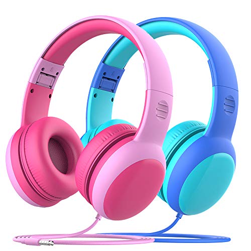 Gorsun Auriculares para niños, Volumen Limitado en el oído Auriculares para niños con Conector de Audio de 3.5 mm para niñas y niños, Auriculares con Cable Ajustable y Plegable -2 Pack