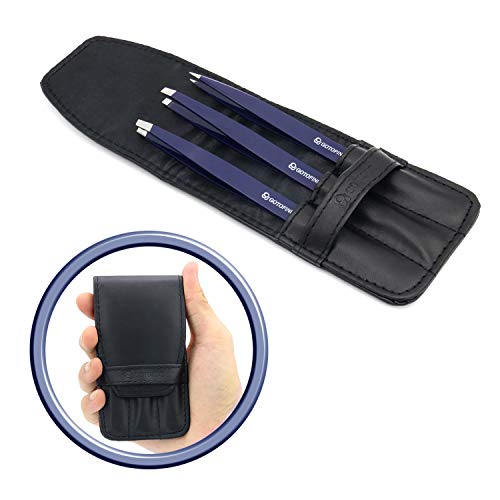 Gotofine Pinzas de acero Inoxidable Profesional Conjunto de tres, Inclinado / Plano / Puntiagudo - Fuerte Agarre y Precisión, Incluye Funda de Cuero, Mejor para su Belleza de Rutina