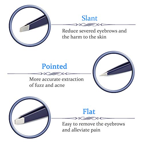 Gotofine Pinzas de acero Inoxidable Profesional Conjunto de tres, Inclinado / Plano / Puntiagudo - Fuerte Agarre y Precisión, Incluye Funda de Cuero, Mejor para su Belleza de Rutina