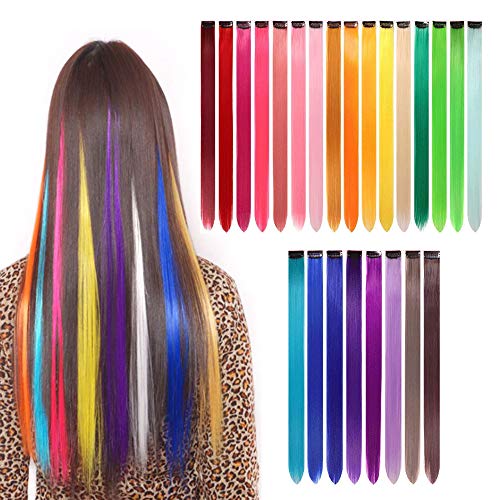 gotyou 24 Piezas Clip de Extensiones de Cabello liso Colorido,Pelucas de Clip Multicolor del arco Iris Extensiones de Cabello,Accesorios de Vestir para Fiestas de Cosplay para Niños(24 Colores)